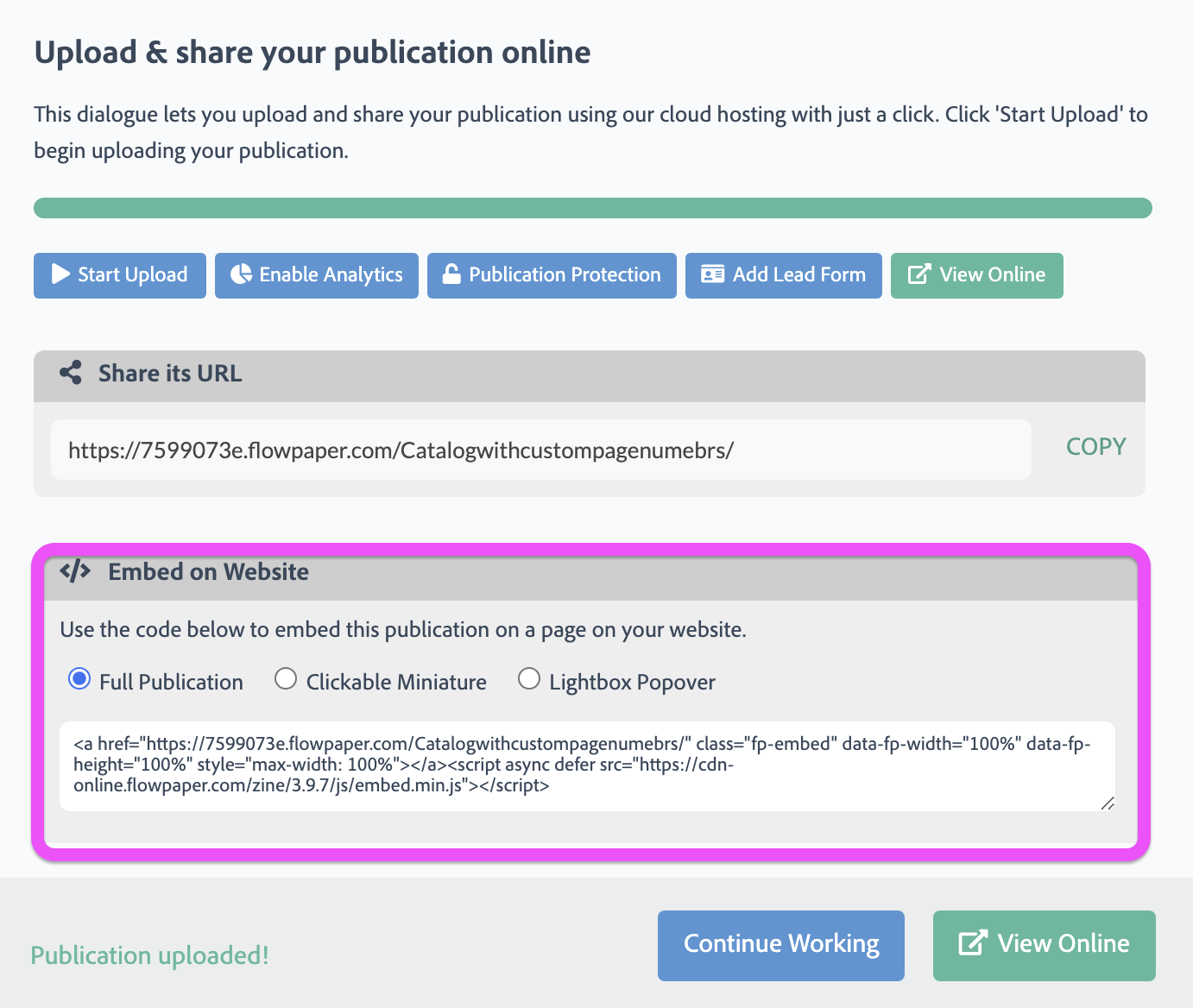 Copy the iframe embed code to embed a PDF flipbook on Squarespace