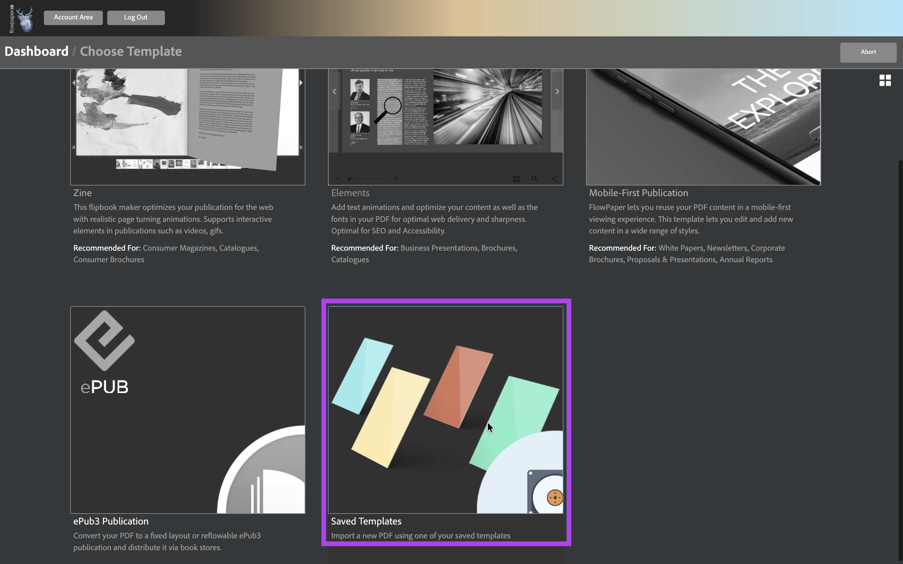 Saved flipbook style templates listed in FlowPaper for reuse