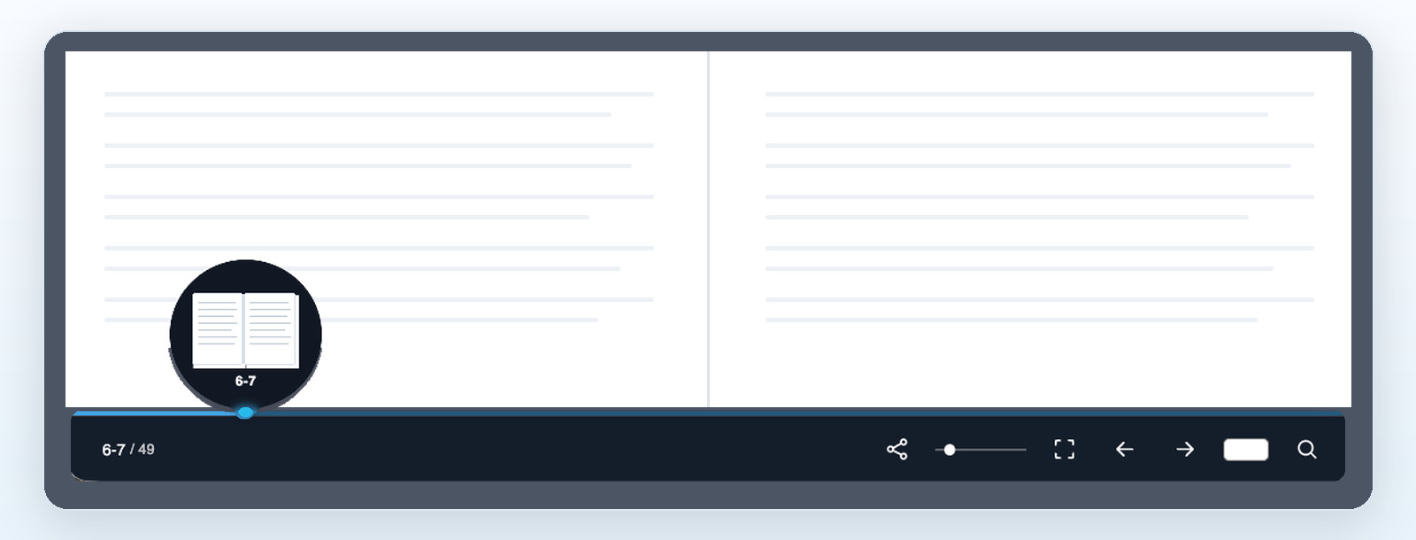 FlowPaper ZINE reader toolbar with page count, balloon slider, sharing, zoom, navigation, full-screen and search controls
